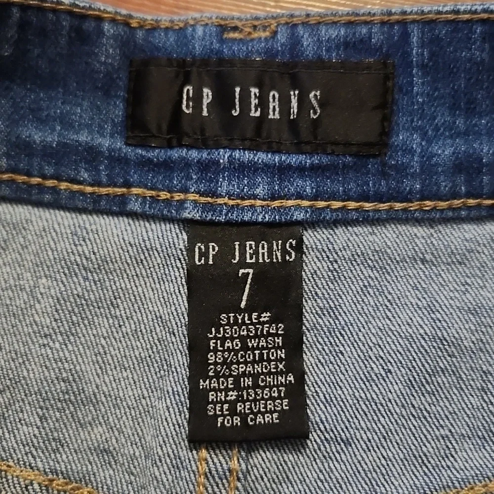 CP Shorts Womens Senim Jean Button Up Size 7 Juniors Fray Red White Blue Denim